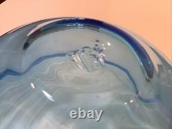 Blenko Glass Bright Blue Hand Blown 11D Punch Center Chip Bowl WOW