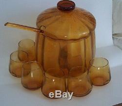 Blown Amber Glass Covered Punch Bowl Set withGlasses & Ladle Mid Century