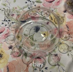 Blown Glass Punch Bowl Set of 14 Italian Moderno Lg Bowl, glass ladle, 12 cups