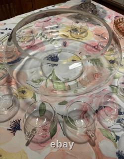 Blown Glass Punch Bowl Set of 14 Italian Moderno Lg Bowl, glass ladle, 12 cups