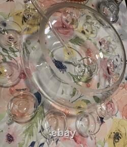 Blown Glass Punch Bowl Set of 14 Italian Moderno Lg Bowl, glass ladle, 12 cups