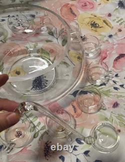 Blown Glass Punch Bowl Set of 14 Italian Moderno Lg Bowl, glass ladle, 12 cups