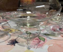 Blown Glass Punch Bowl Set of 14 Italian Moderno Lg Bowl, glass ladle, 12 cups