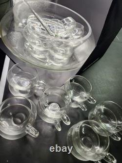 Blown Glass Punch Bowl Set of 26 Italian Moderno Lg Bowl, glass ladle, 25 cups
