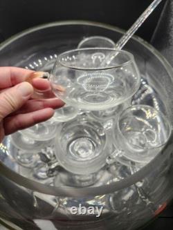 Blown Glass Punch Bowl Set of 26 Italian Moderno Lg Bowl, glass ladle, 25 cups