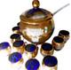 Blue Bohemian Glass Punch Bowl With Lid, 12 Cups & Ladle Gold Enamel Handpainted