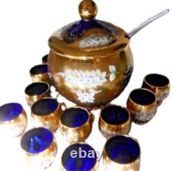 Blue Bohemian Glass Punch Bowl With Lid, 12 Cups & Ladle Gold Enamel Handpainted