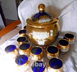 Blue Bohemian Glass Punch Bowl With Lid, 12 Cups & Ladle Gold Enamel Handpainted