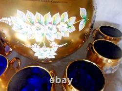 Blue Bohemian Glass Punch Bowl With Lid, 12 Cups & Ladle Gold Enamel Handpainted