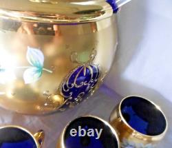 Blue Bohemian Glass Punch Bowl With Lid, 12 Cups & Ladle Gold Enamel Handpainted