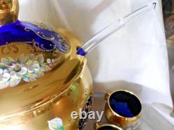 Blue Bohemian Glass Punch Bowl With Lid, 12 Cups & Ladle Gold Enamel Handpainted