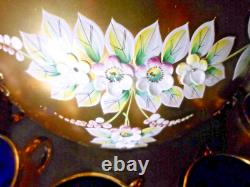 Blue Bohemian Glass Punch Bowl With Lid, 12 Cups & Ladle Gold Enamel Handpainted