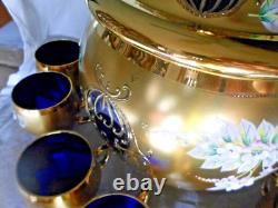 Blue Bohemian Glass Punch Bowl With Lid, 12 Cups & Ladle Gold Enamel Handpainted