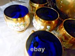 Blue Bohemian Glass Punch Bowl With Lid, 12 Cups & Ladle Gold Enamel Handpainted