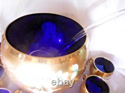 Blue Bohemian Glass Punch Bowl With Lid, 12 Cups & Ladle Gold Enamel Handpainted