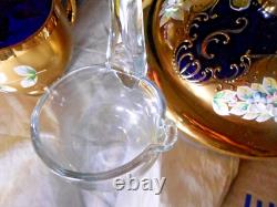 Blue Bohemian Glass Punch Bowl With Lid, 12 Cups & Ladle Gold Enamel Handpainted