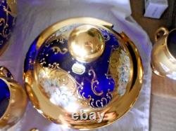 Blue Bohemian Glass Punch Bowl With Lid, 12 Cups & Ladle Gold Enamel Handpainted