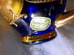 Blue Bohemian Glass Punch Bowl With Lid, 12 Cups & Ladle Gold Enamel Handpainted