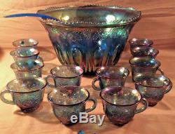 Blue Carnival Glass Grape Pattern Punch Bowl with Cups