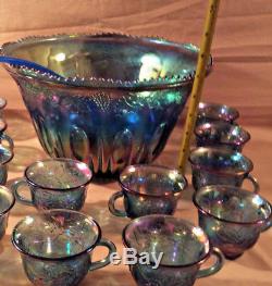 Blue Carnival Glass Grape Pattern Punch Bowl with Cups