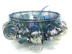 Blue Carnival Glass Harvest Grape Punch Bowl Set 12 Cups Glasses Hooks & Ladle