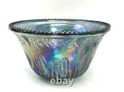 Blue Carnival Glass Harvest Grape Punch Bowl Set 12 Cups Glasses Hooks & Ladle