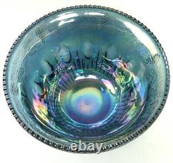 Blue Carnival Glass Harvest Grape Punch Bowl Set 12 Cups Glasses Hooks & Ladle