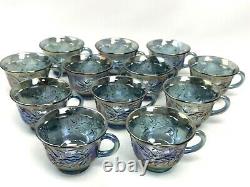 Blue Carnival Glass Harvest Grape Punch Bowl Set 12 Cups Glasses Hooks & Ladle