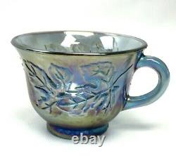 Blue Carnival Glass Harvest Grape Punch Bowl Set 12 Cups Glasses Hooks & Ladle