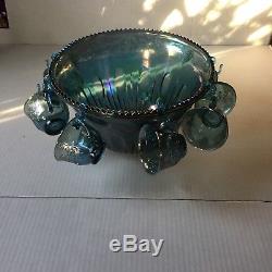 Blue Carnival Glass Harvest Grape Punch Bowl With Cups