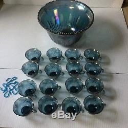 Blue Carnival Glass Harvest Grape Punch Bowl With Cups