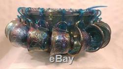 Blue Carnival Glass Indiana Punch Bowl 18 cups hooks and ladle Vintage