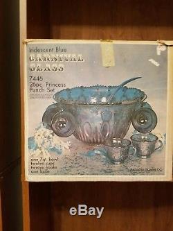 Blue Carnival Glass Punch Bowl Set