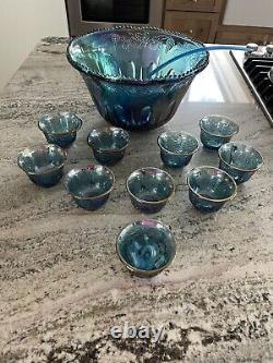 Blue Indiana CG Harvest Grape Punch Bowl With 12 Cups, 8 Hooks Original Ladle