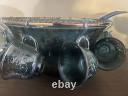 Blue Iridescent Carnival Glass Punch Bowl Set Harvest Grape by Indiana Glass Co