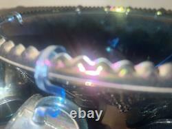 Blue Iridescent Carnival Glass Punch Bowl Set Harvest Grape by Indiana Glass Co