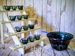 Blue Iridescent Carnival Glass Punch Bowl Set Harvest Grape by Indiana Glass Co
