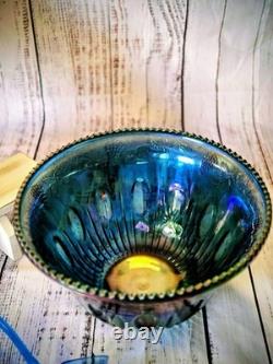 Blue Iridescent Carnival Glass Punch Bowl Set Harvest Grape by Indiana Glass Co