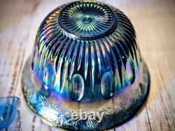 Blue Iridescent Carnival Glass Punch Bowl Set Harvest Grape by Indiana Glass Co