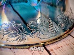 Blue Iridescent Carnival Glass Punch Bowl Set Harvest Grape by Indiana Glass Co