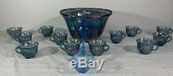 Blue Princess Punch Bowl Indiana Carnival Glass Harvest Grape 12 Cups NO Hooks