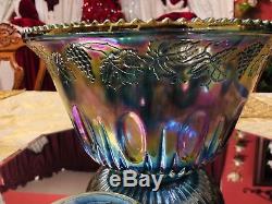 Blue carnival glass punch bowl