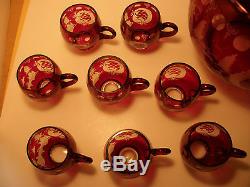 Bohemian 19 Century Rube Red Punch Bowl With 8 Matching Cups and Glass Ladle