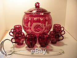 Bohemian 19 Century Rube Red Punch Bowl With 8 Matching Cups and Glass Ladle