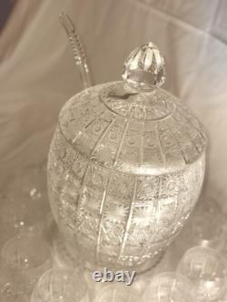 Bohemian Cut Crystal Glass Punch Bowl Set