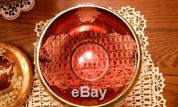Bohemian Czech Crystal Fired Gold & Enameled Glass Punch Bowl Set Antique