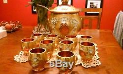 Bohemian Czech Crystal Fired Gold & Enameled Glass Punch Bowl Set Antique