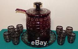 Bohemian Czech Glass Red Cut Overlay Covered Barrel Punch Bowl With 10 Cups