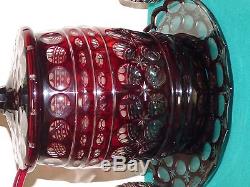 Bohemian Czech Glass Red Cut Overlay Covered Barrel Punch Bowl With 10 Cups