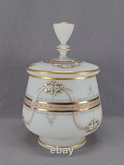Bohemian Enameled Floral Pink Ribbon & Gold Alabaster Glass Syllabub Punch Bowl